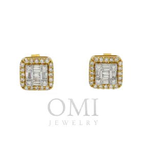 10K GOLD BAGUETTE AND ROUND DIAMOND CLUSTER SQUARE SHAPE EARRINGS 0.97 CTW