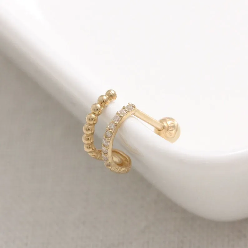 14K 18K Solid Gold Genuine Diamond Pave Wire & Tiny Ball Ear Hoop Stud Cartilage Tragus Helix Conch Lobe Piercing Earring