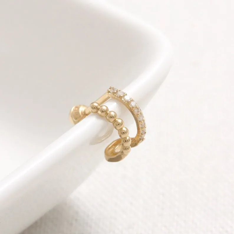 14K 18K Solid Gold Genuine Diamond Pave Wire & Tiny Ball Ear Hoop Stud Cartilage Tragus Helix Conch Lobe Piercing Earring