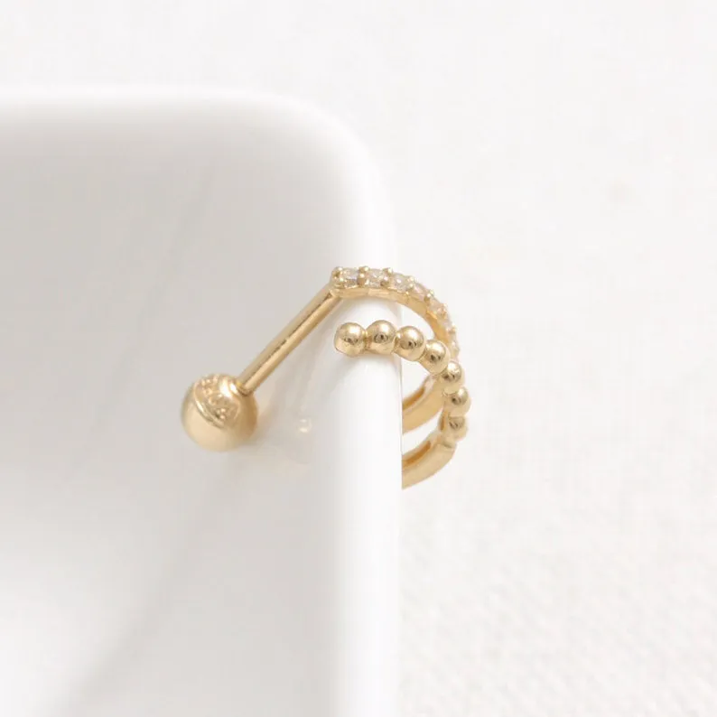 14K 18K Solid Gold Genuine Diamond Pave Wire & Tiny Ball Ear Hoop Stud Cartilage Tragus Helix Conch Lobe Piercing Earring