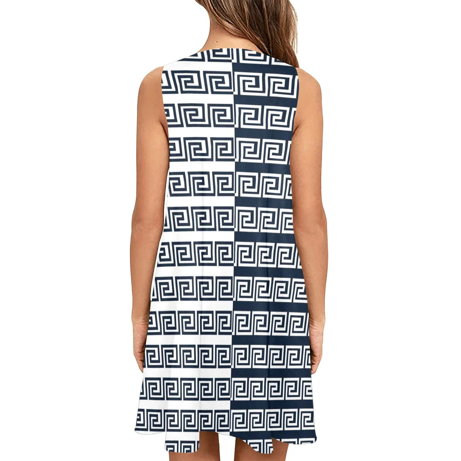 2 tone greek key blue white print Sleeveless A-Line Pocket Dress (Model D57)