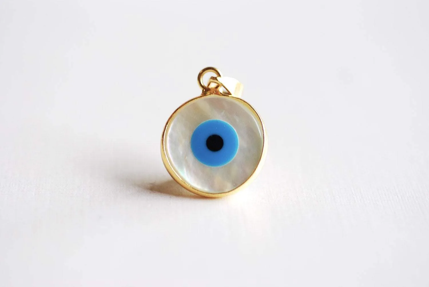 22k Gold Plated Electroplated Rim Evil Eye Charm Pendant- Gold Round Evil Eye Charm with Attached Bail, Natural White Shell Evil Eye, Hamsa