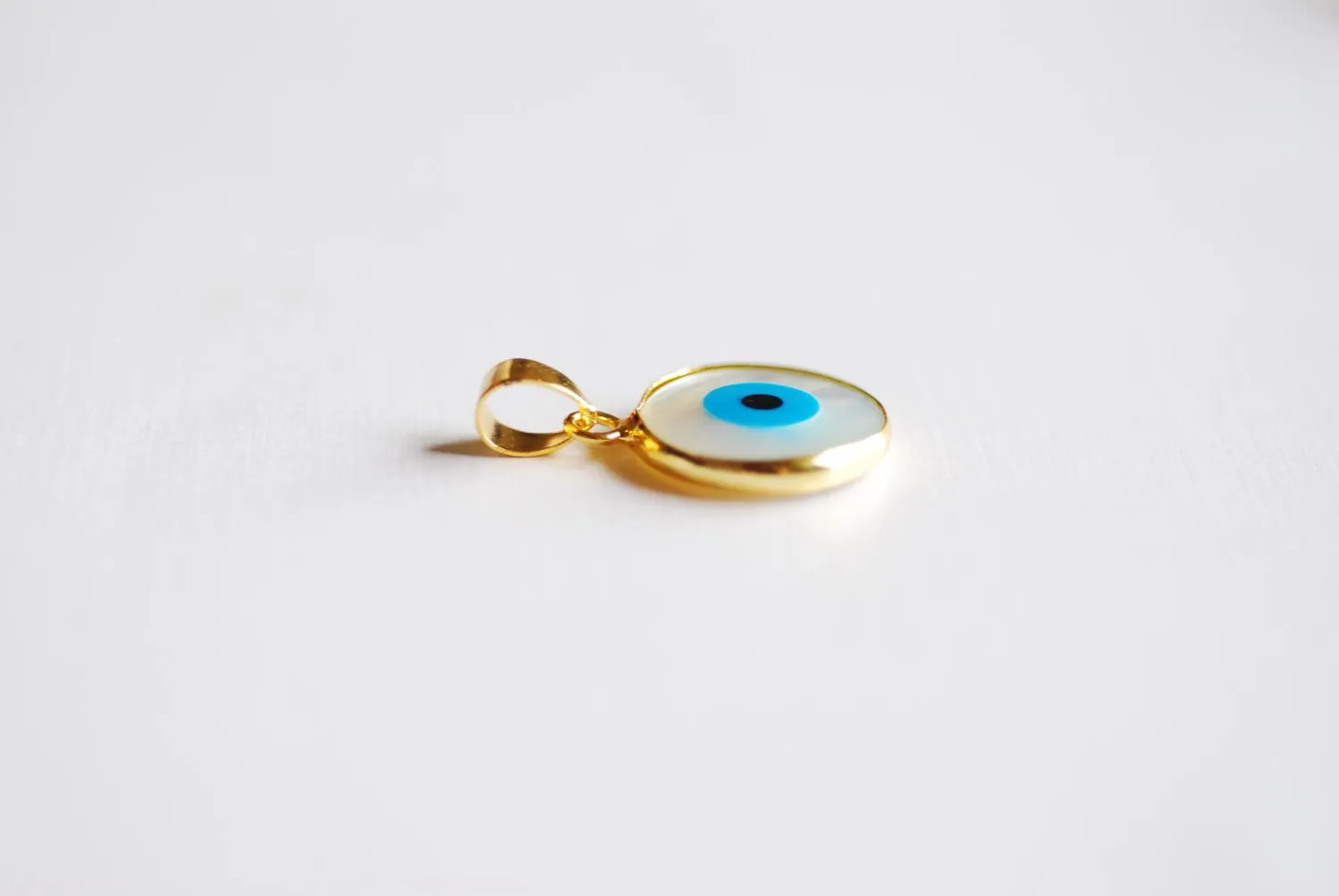 22k Gold Plated Electroplated Rim Evil Eye Charm Pendant- Gold Round Evil Eye Charm with Attached Bail, Natural White Shell Evil Eye, Hamsa