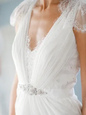 A Line V neck Cap Sleeves White Long Lace Wedding Dress