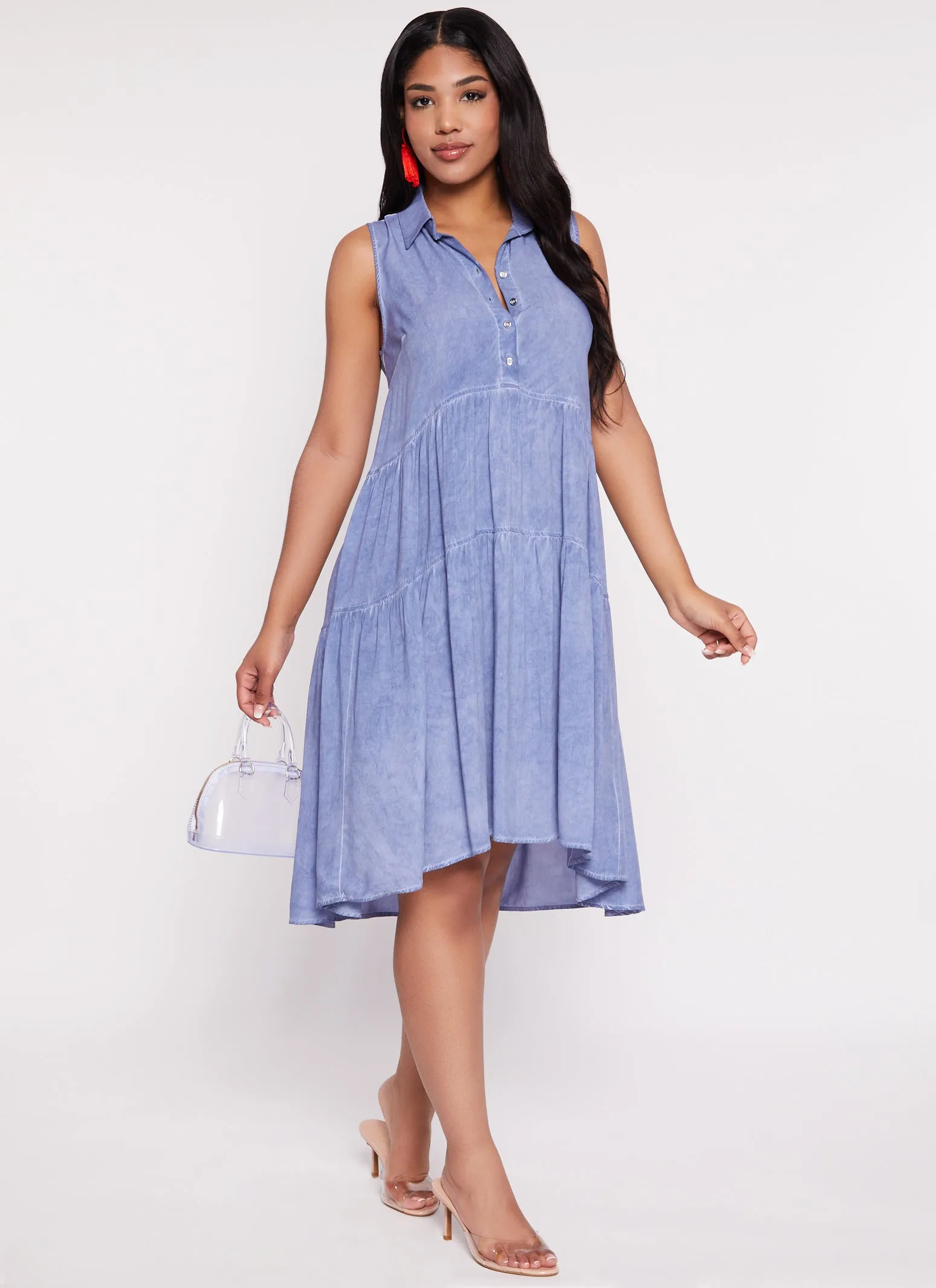 Acid Wash Snap Button Tiered Midi Dress