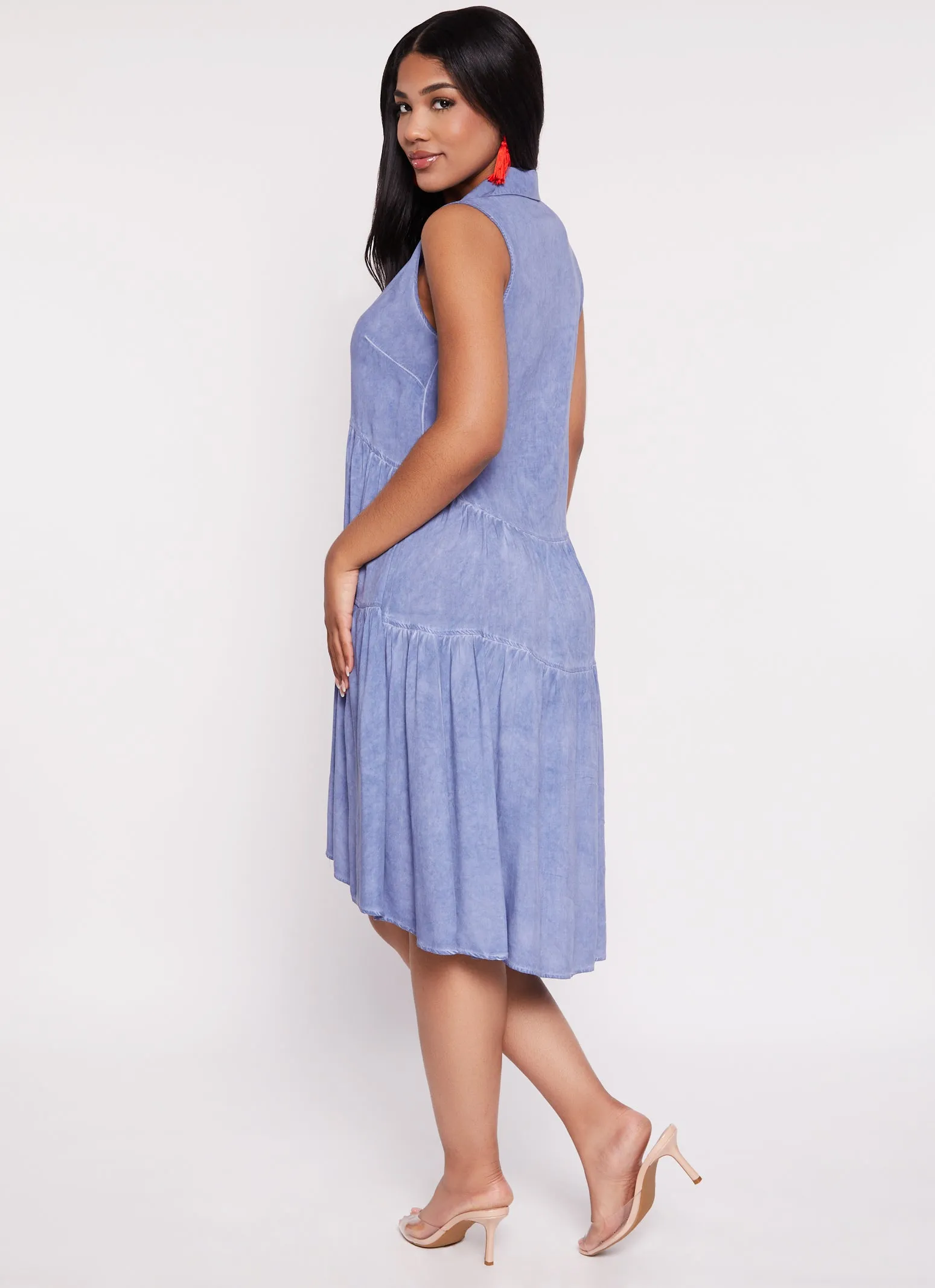 Acid Wash Snap Button Tiered Midi Dress