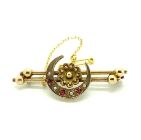 Antique Victorian 1890 Ruby Pearl Bar 9ct Gold Crescent Brooch