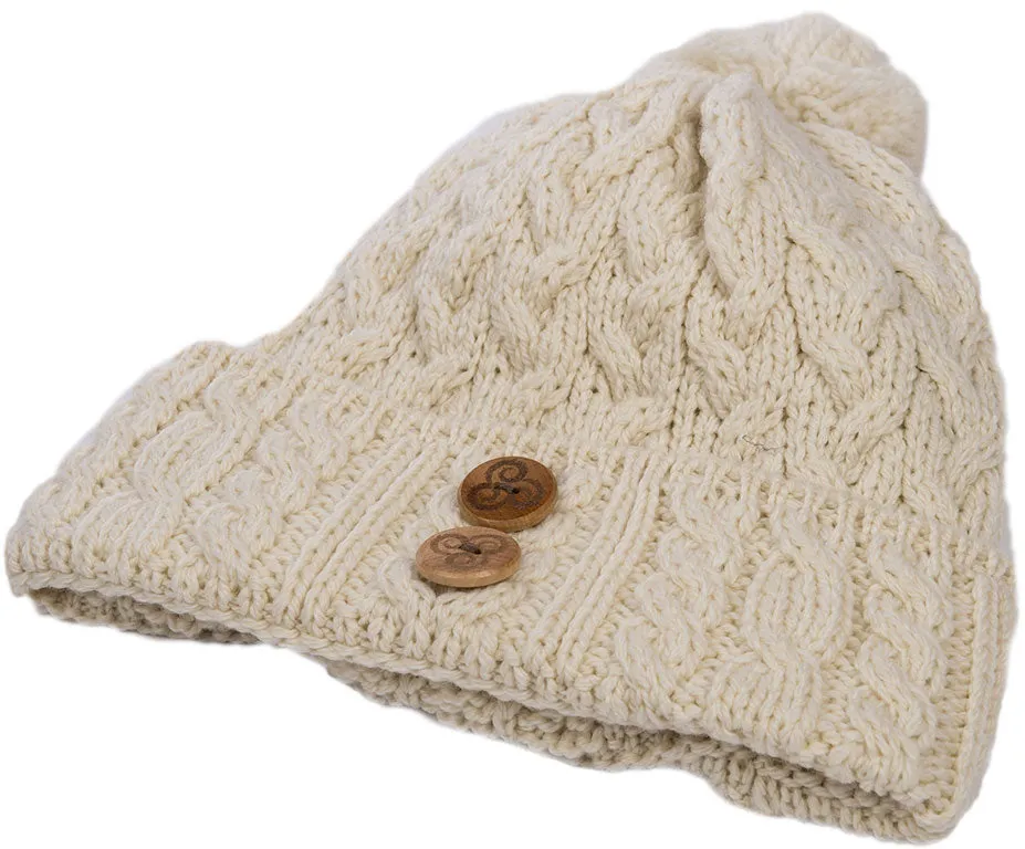 Aran Chunky Knit Button Bobble Hat