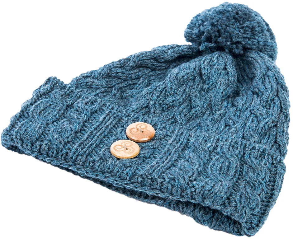 Aran Chunky Knit Button Bobble Hat