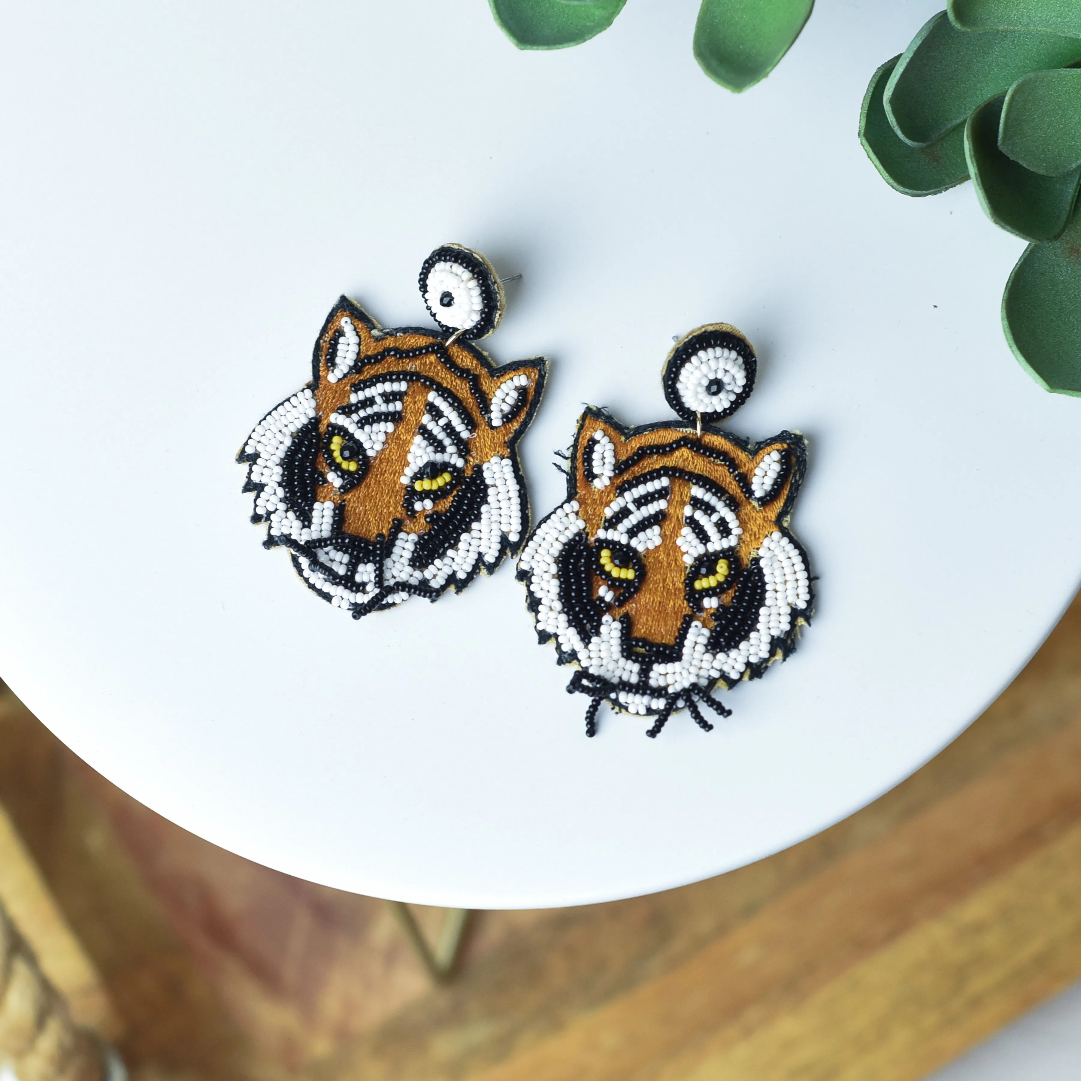 Beaded Tiger Medium Dangles with Whiskers (White Drop)