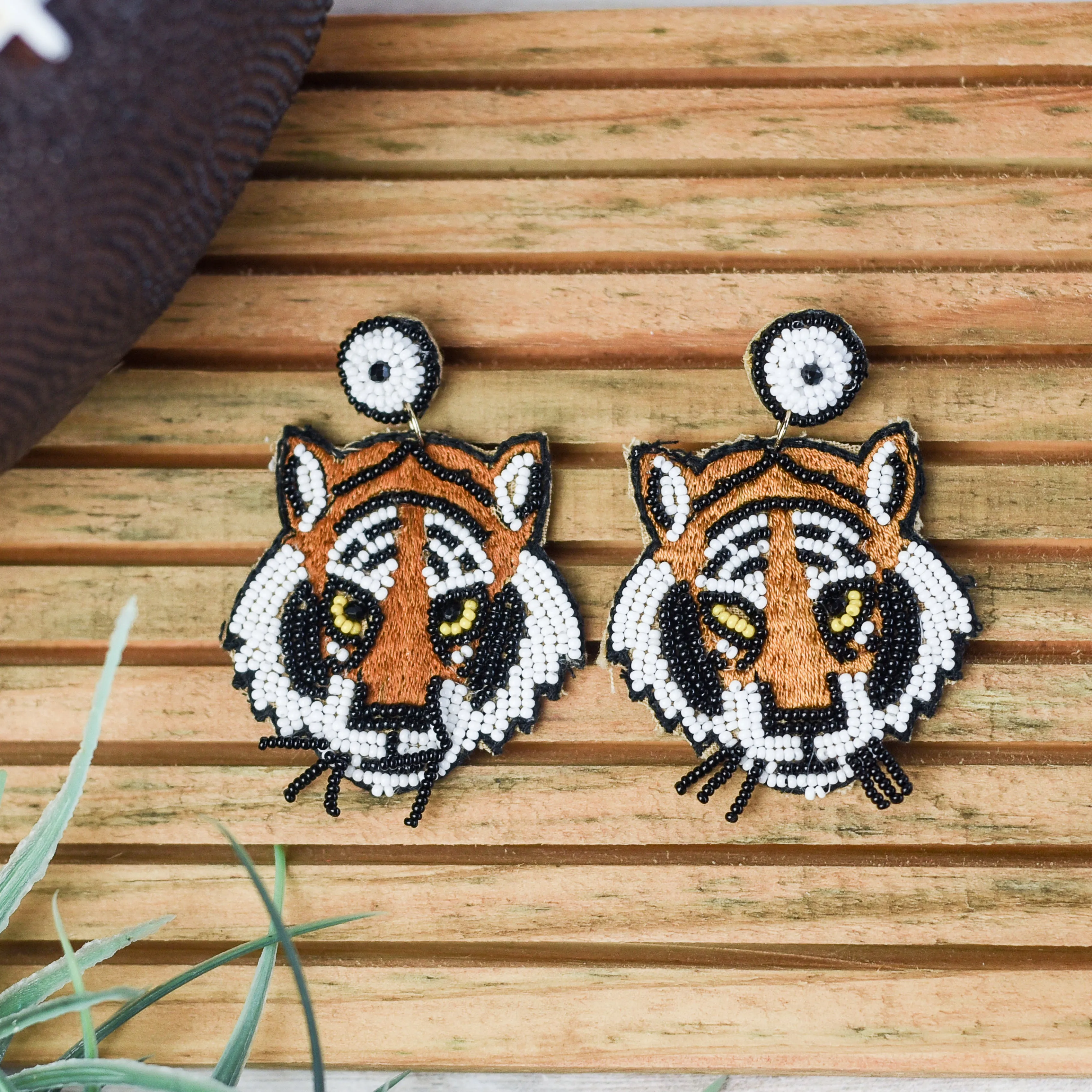 Beaded Tiger Medium Dangles with Whiskers (White Drop)