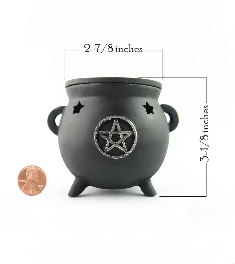 Black Ceramic Cauldron With Pentagram Incense Cone Burner