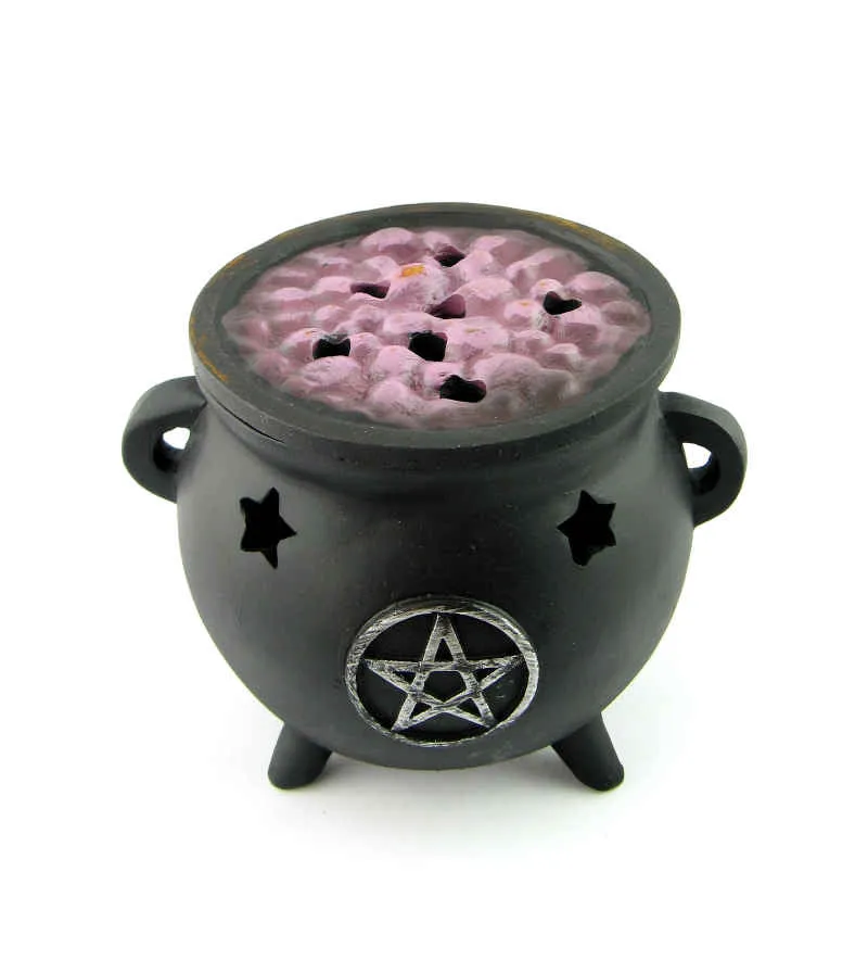 Black Ceramic Cauldron With Pentagram Incense Cone Burner