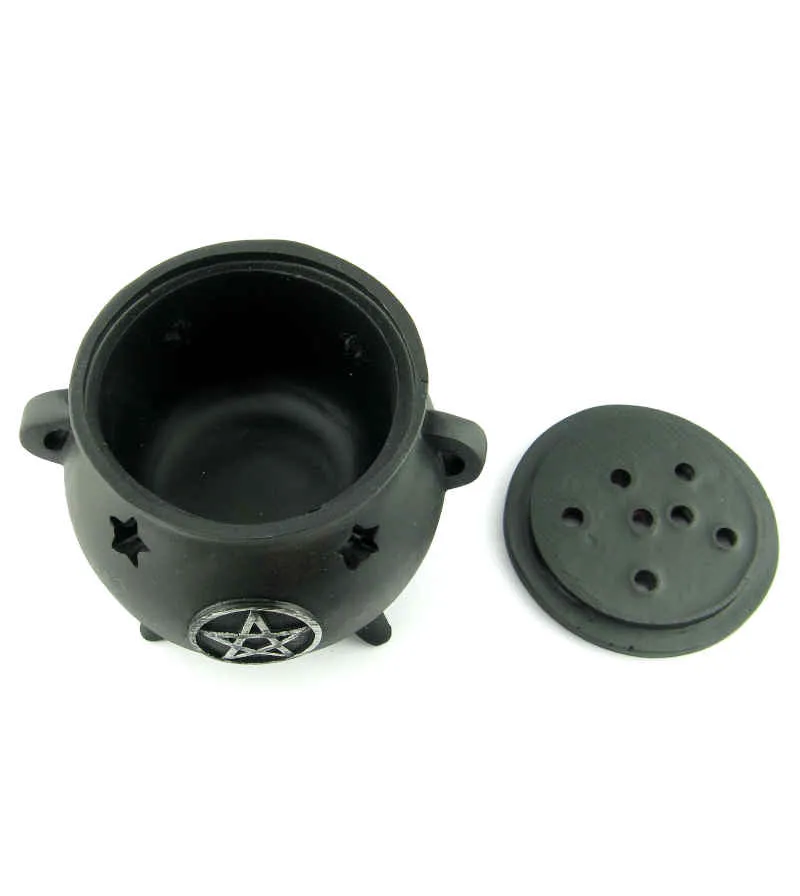 Black Ceramic Cauldron With Pentagram Incense Cone Burner