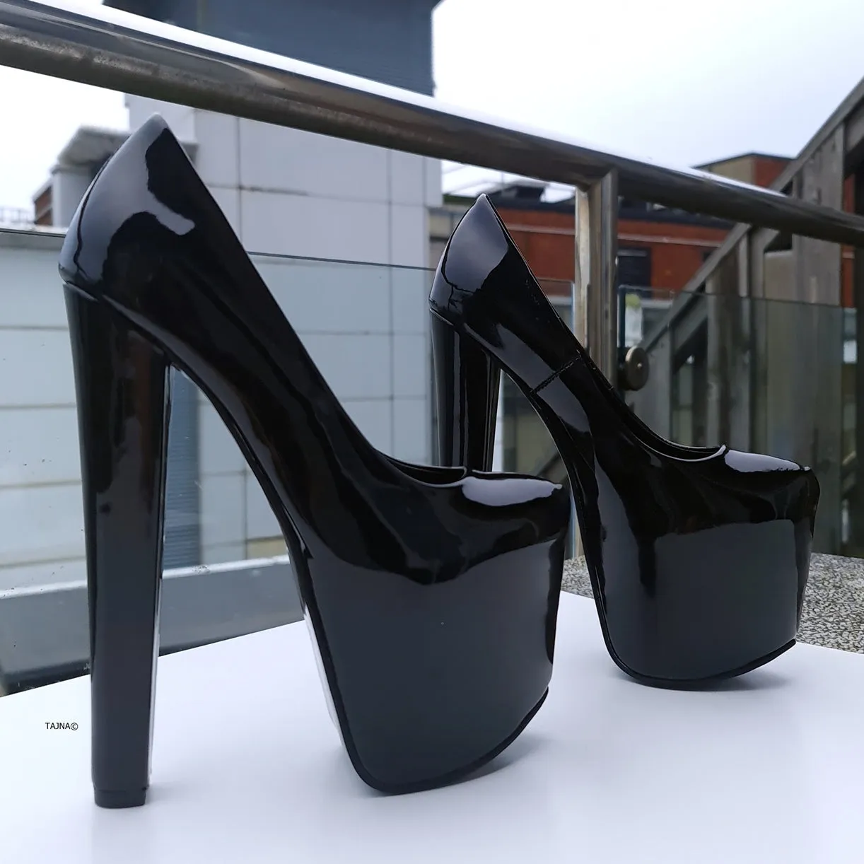 Black Gloss Chunky High Heel Platform Pumps