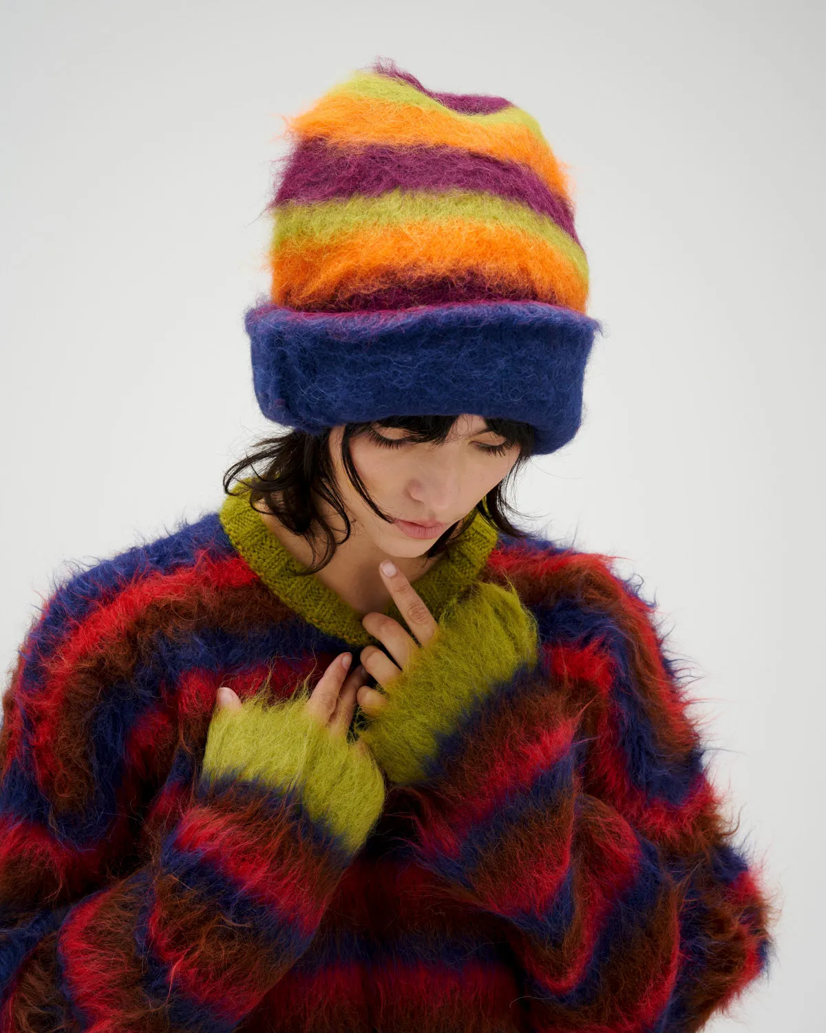 Boxy Stripe Knit Beanie - Orange Multi