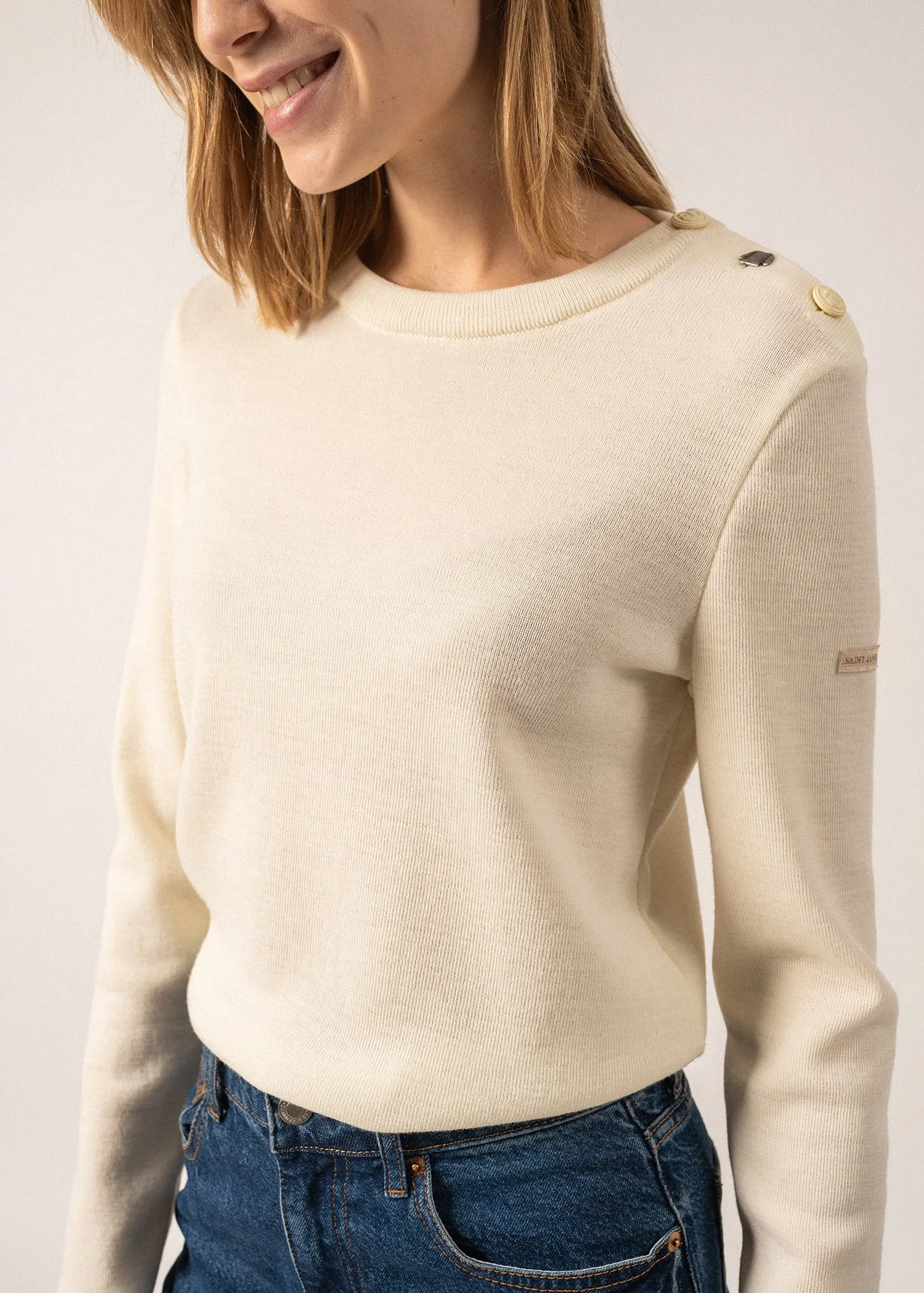 Bregançon plain sailor jumper - striped elbow patches, in wool (ECUME)