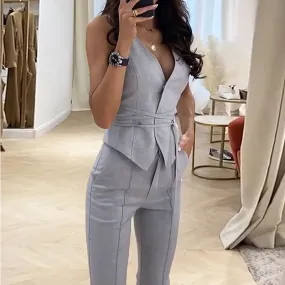 Confident Tailored Criss Tie Two Piece Vest With Skinny Pants Suit Set