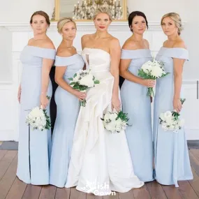 Elegant Blue A-Line Side Slit Off-Shoulder Sleeveless Wedding Guest Bridesmaid Dresses,WGM356