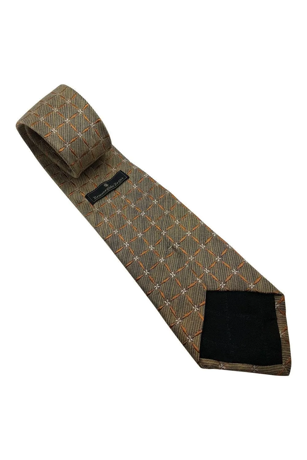 ERMENEGILDO ZEGNA 80% Silk Classic Length Designer Tie Gold Square Pattern (60")