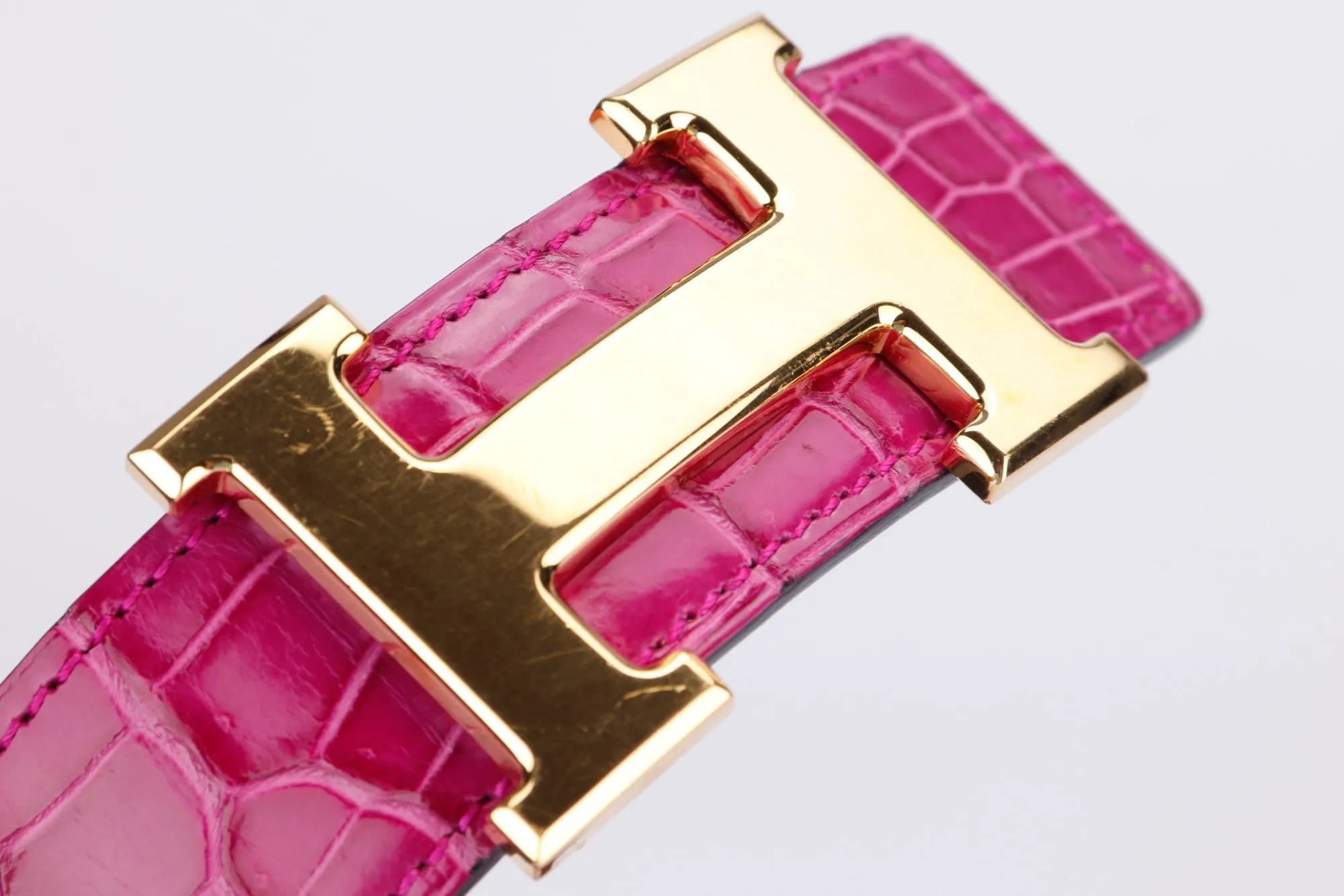 (Exotic) Hermes Fuchia Pink Porosus Croco Leather Belt (Stamp P) 80cm with Gold H Buckle, with Box