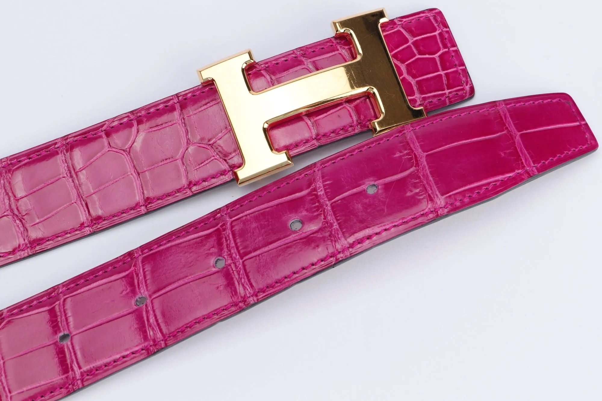 (Exotic) Hermes Fuchia Pink Porosus Croco Leather Belt (Stamp P) 80cm with Gold H Buckle, with Box