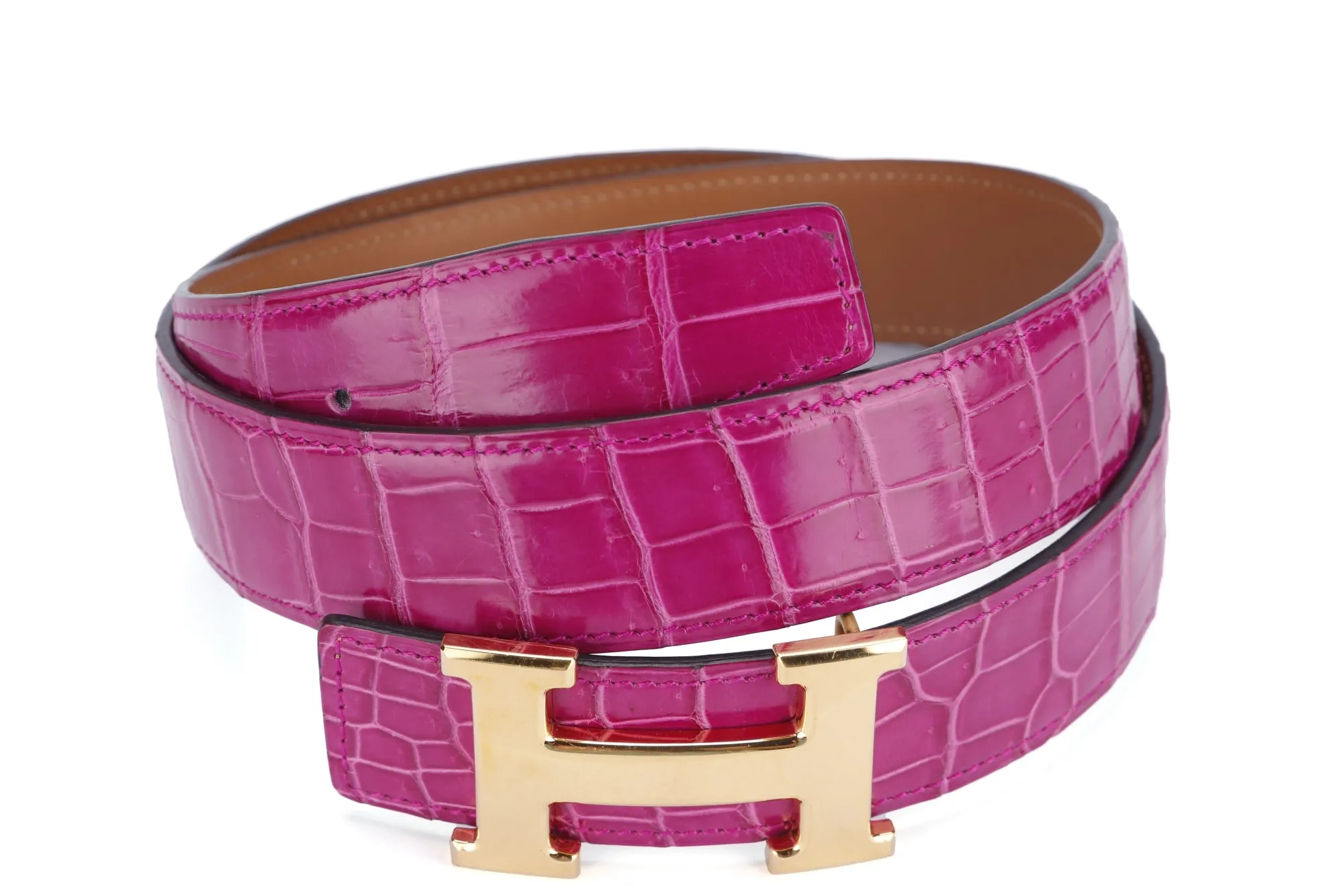 (Exotic) Hermes Fuchia Pink Porosus Croco Leather Belt (Stamp P) 80cm with Gold H Buckle, with Box