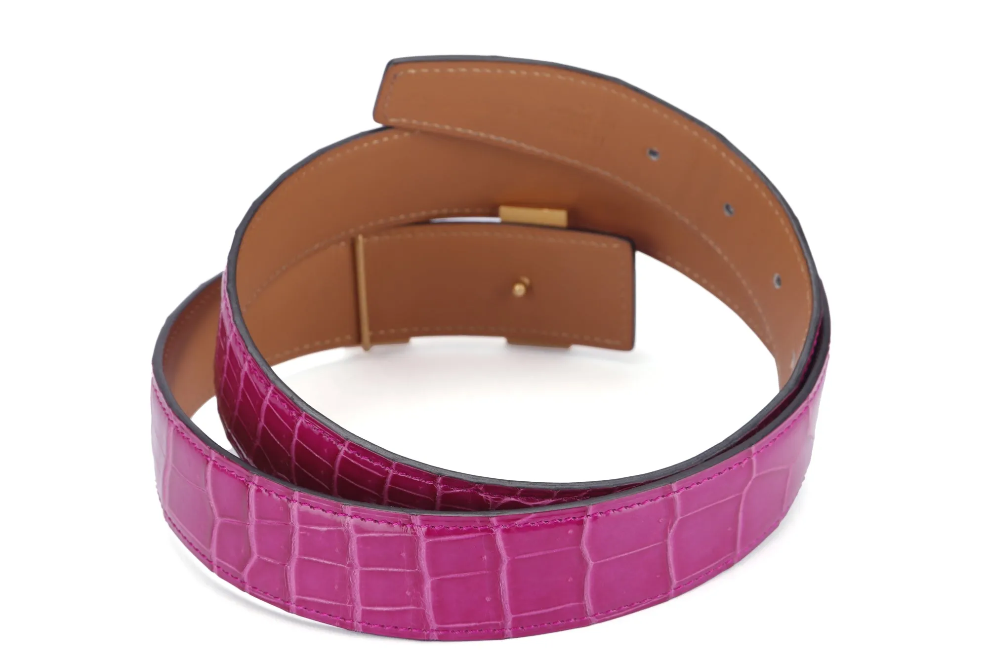 (Exotic) Hermes Fuchia Pink Porosus Croco Leather Belt (Stamp P) 80cm with Gold H Buckle, with Box