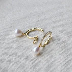 Genuine Gold Pearl Drop Sparkly Hoop Earrings ~ High Quality Pearls & Cubic Zirconia