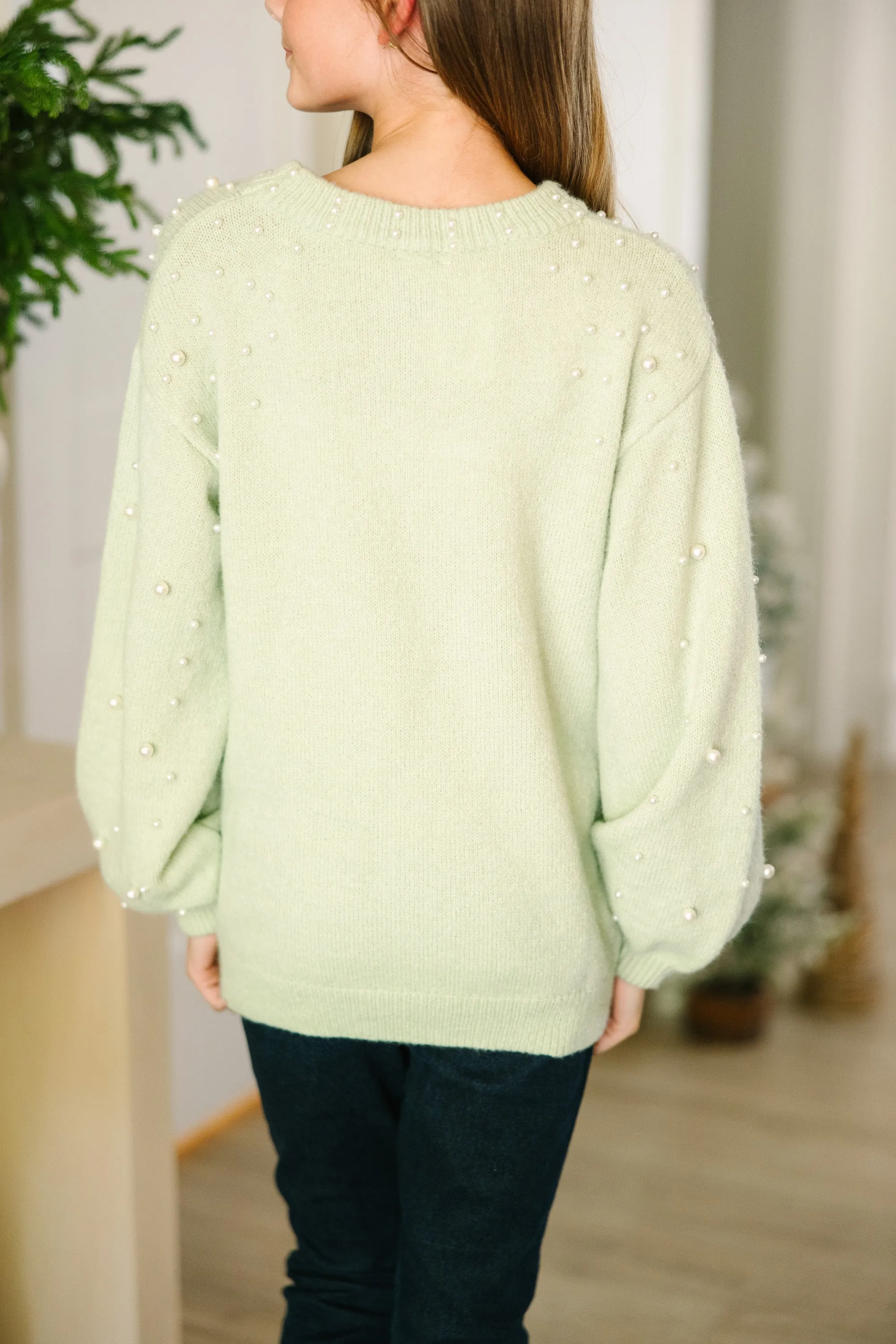 Girls: Can't Help But Love Sage Green Pearl Studded Sweater