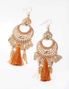 Gold Beaded Orange Tassel Chandbali Drop Earrings