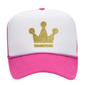 Gold Crown Glitter Printed 5 Panel High Crown Mesh Back Trucker Hat - For Men and Women