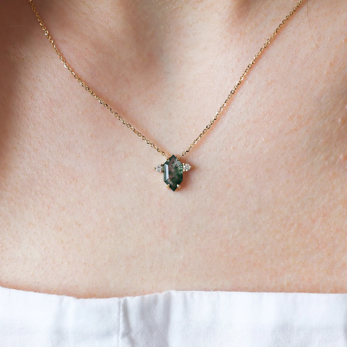 Hayley Hexagon Moss Agate Necklace With Diamonds