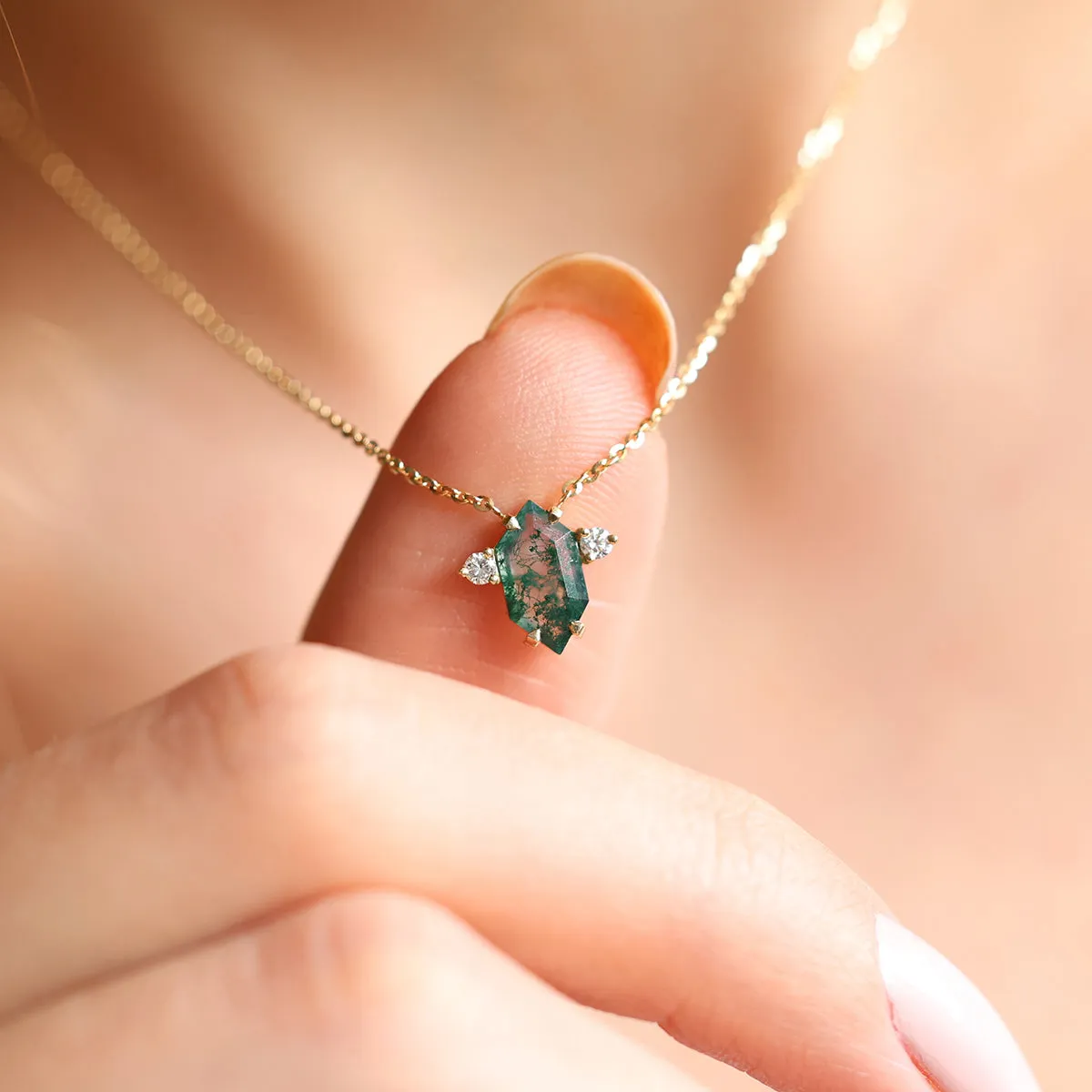 Hayley Hexagon Moss Agate Necklace With Diamonds