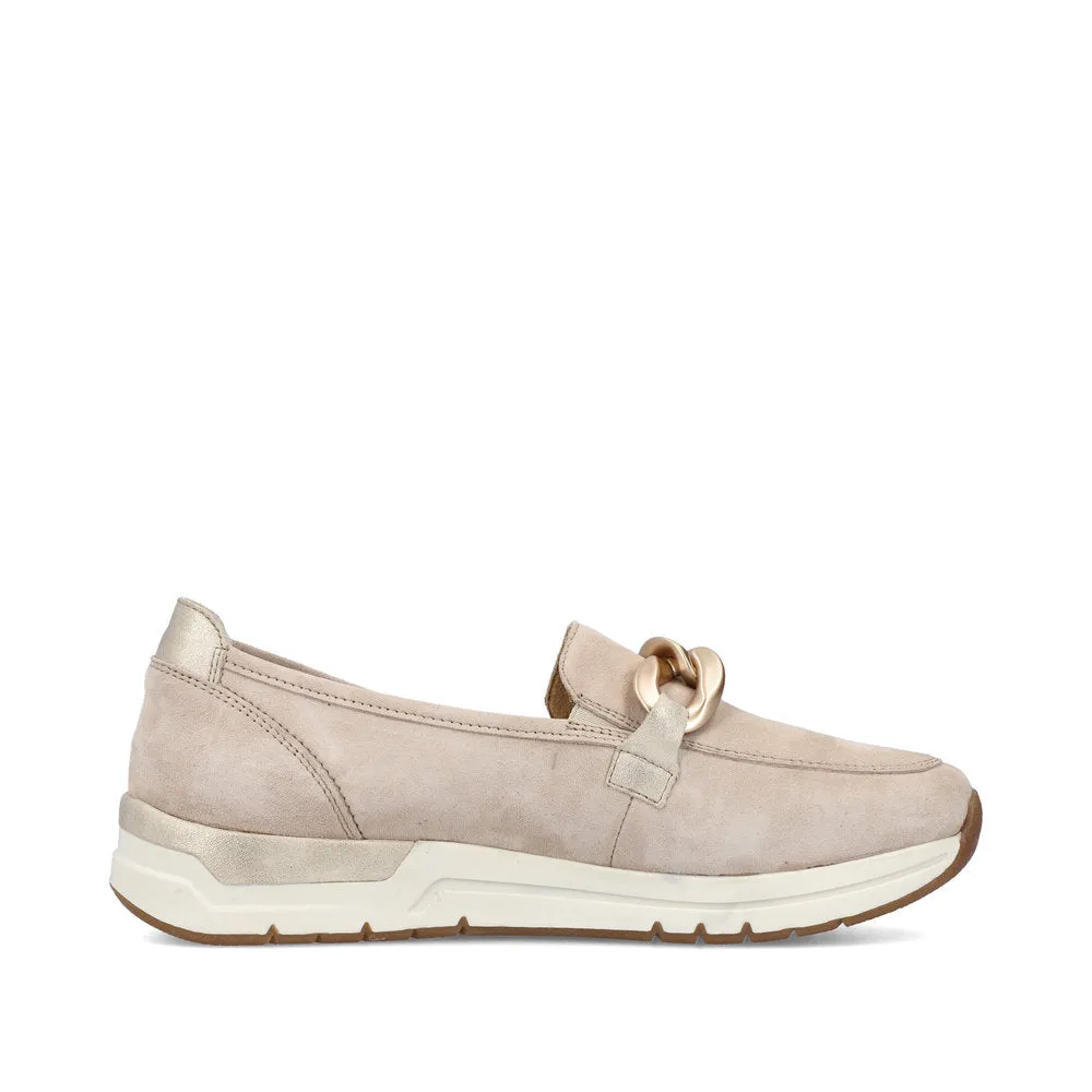 Ladies Rieker Slip On Shoes Rose Gold Buckle Detail Cream Suede 58944-60 sale