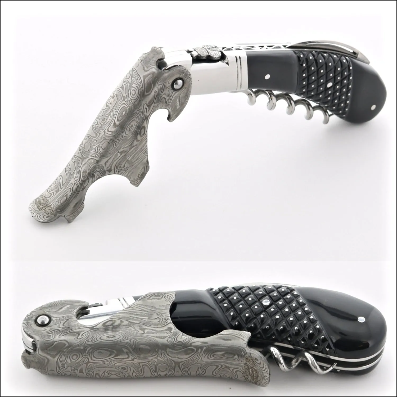 Laguiole Magnum Damascus Studded Black Horn Corkscrew