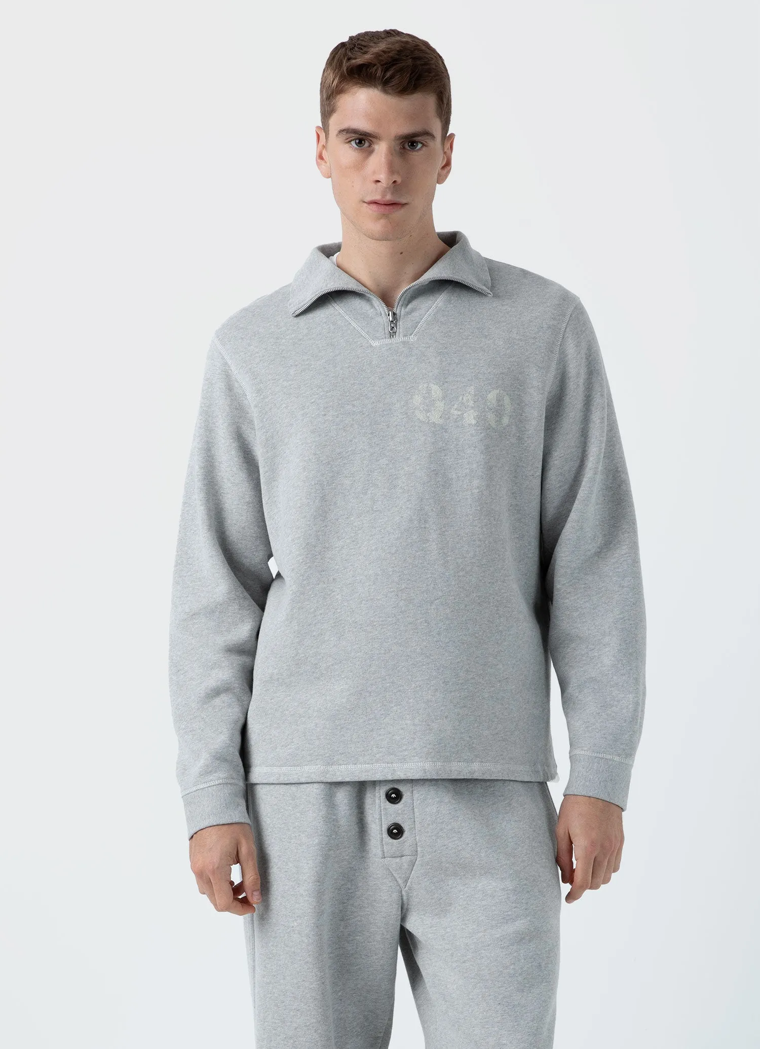 Men's Sunspel x Nigel Cabourn Half Zip Sweatshirt in Light Grey Melange