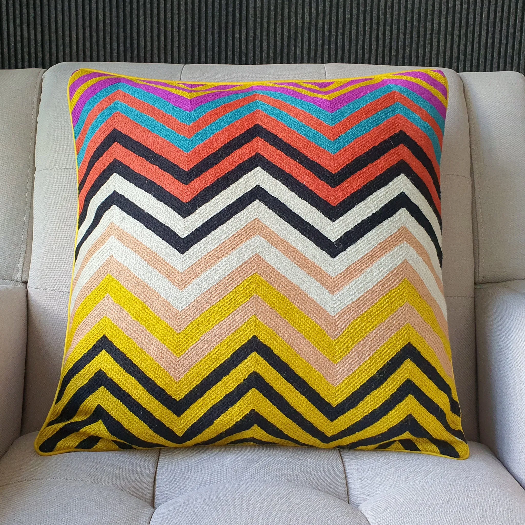 Multi Colour Embroidered Chevron Cushion Cover