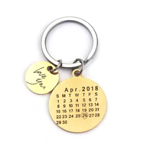 Personalized Calendar Keychain- Round Shape With Name, Initial and a Heart With Special Date