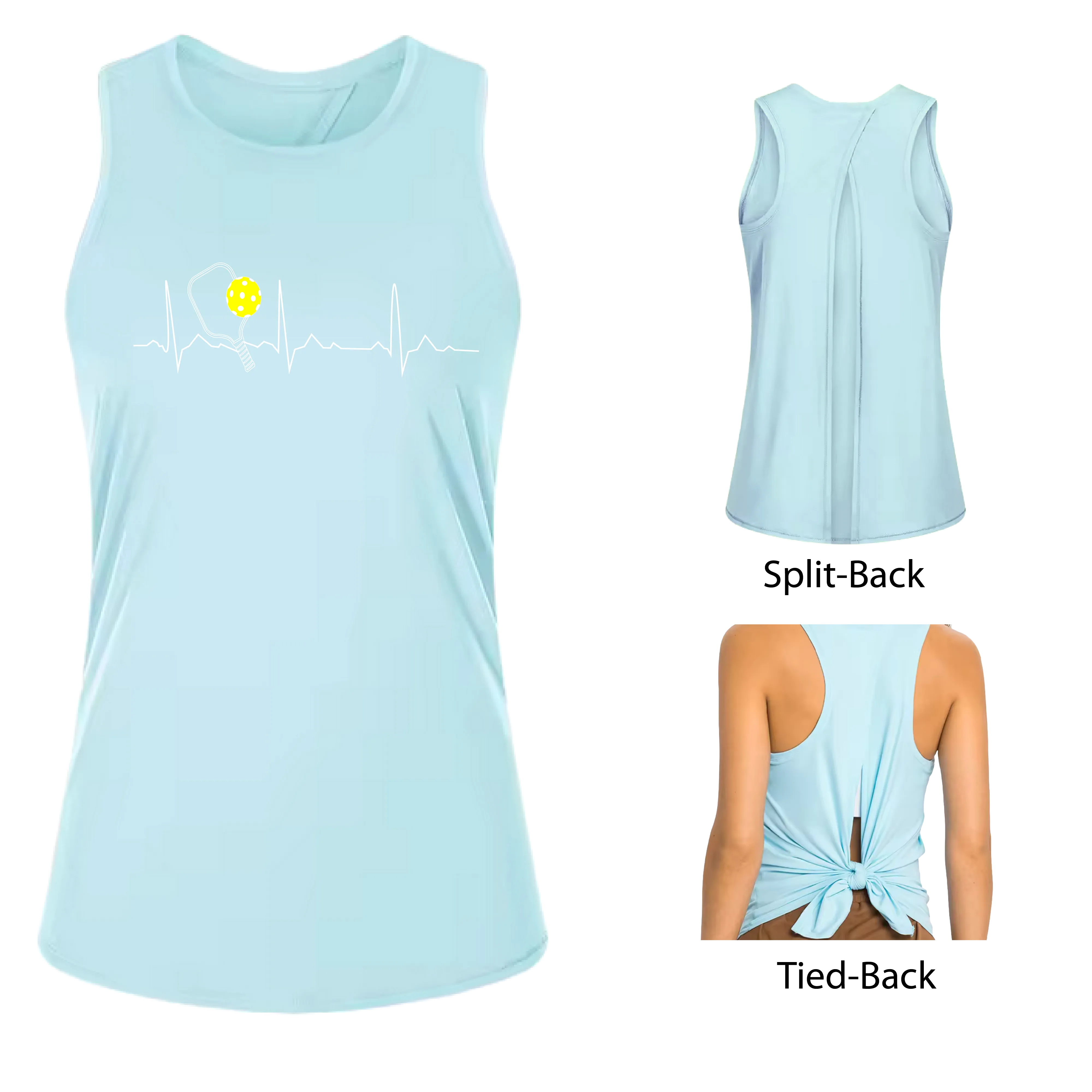 Pickleball Heartbeat EKG | Women's Split Back or Tied Back Pickleball Tank | 80/20 Nylon Spandex Mix