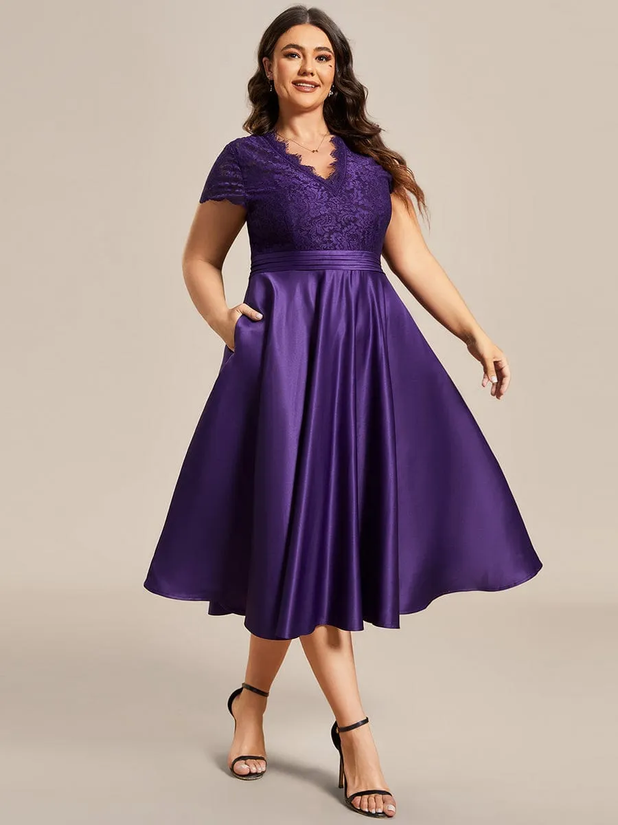 Plus Size V-neck Lace Bodice A-line Cocktail Dress with Pockets