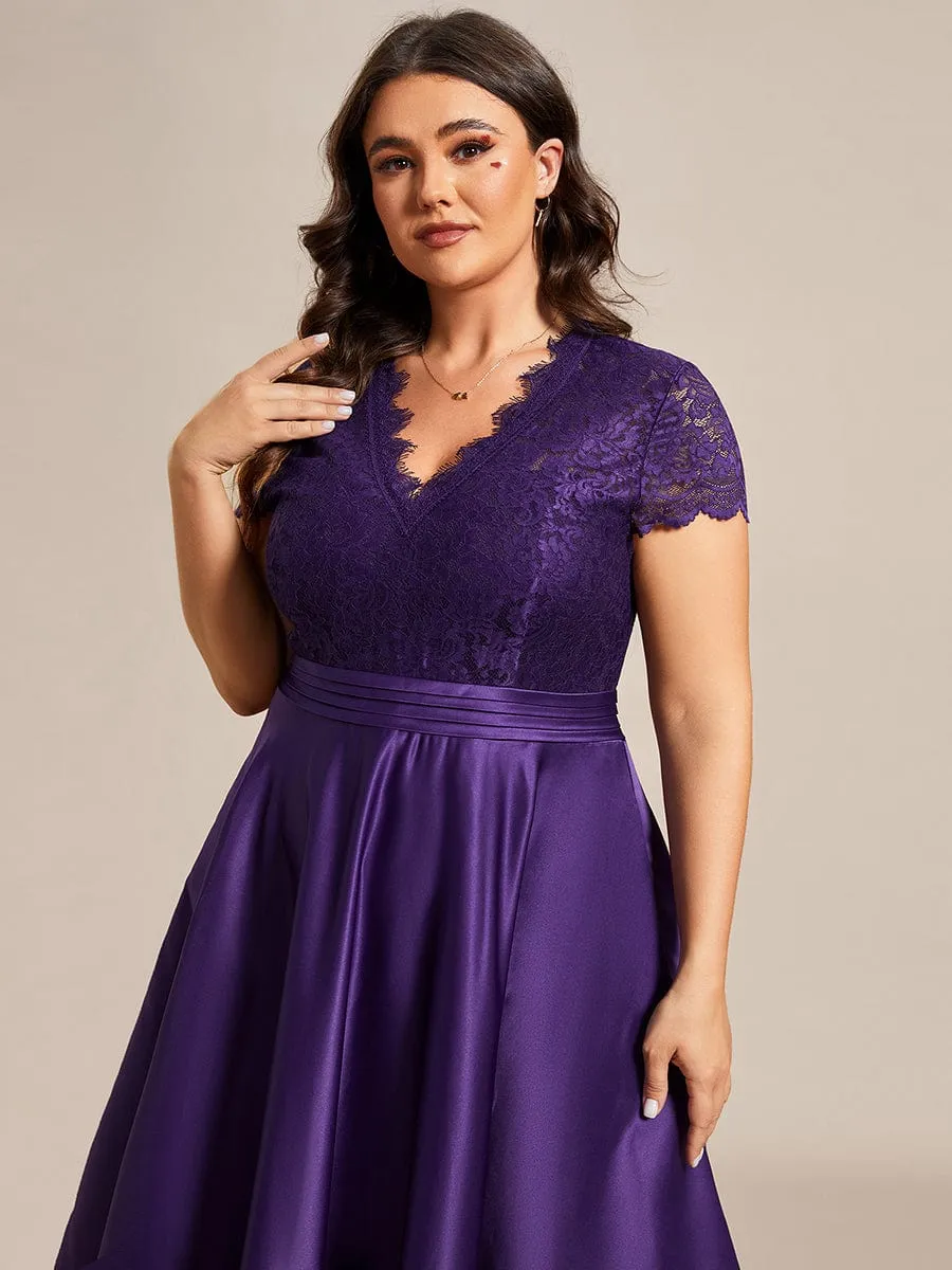 Plus Size V-neck Lace Bodice A-line Cocktail Dress with Pockets