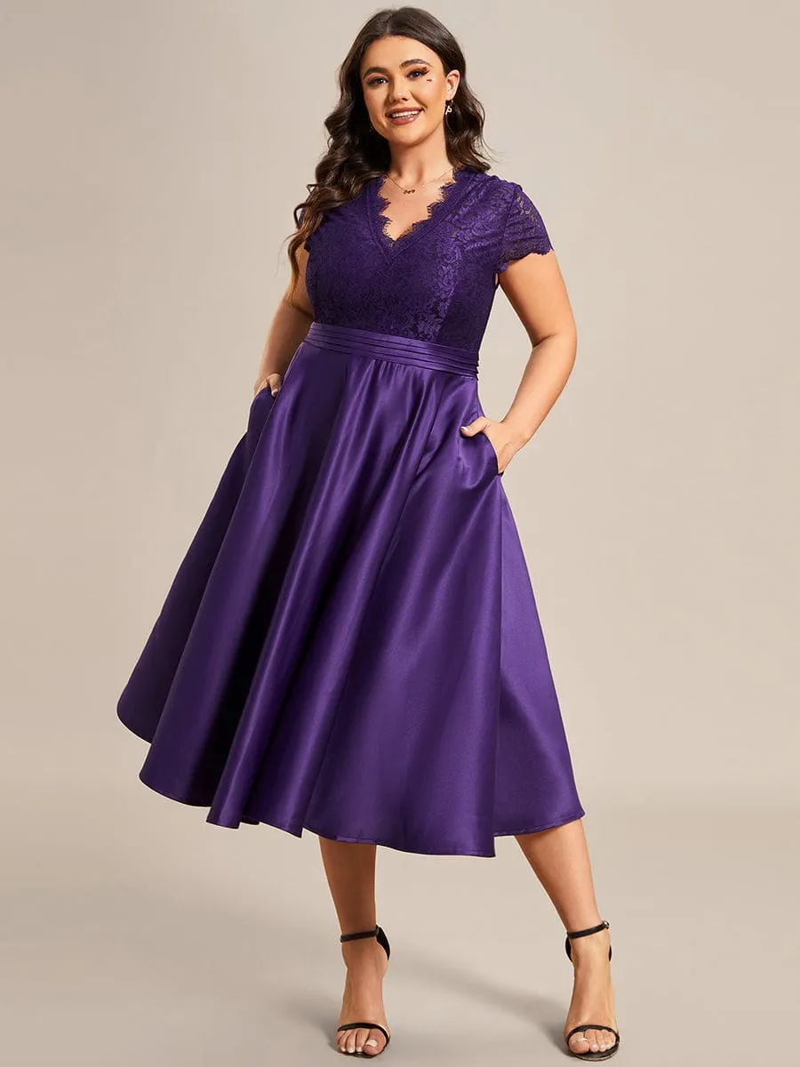 Plus Size V-neck Lace Bodice A-line Cocktail Dress with Pockets