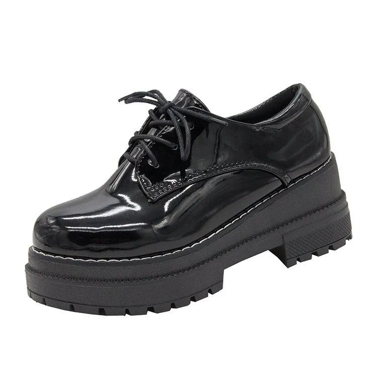 Round-Toe Faux Patent Leather Platform Oxfords BH5