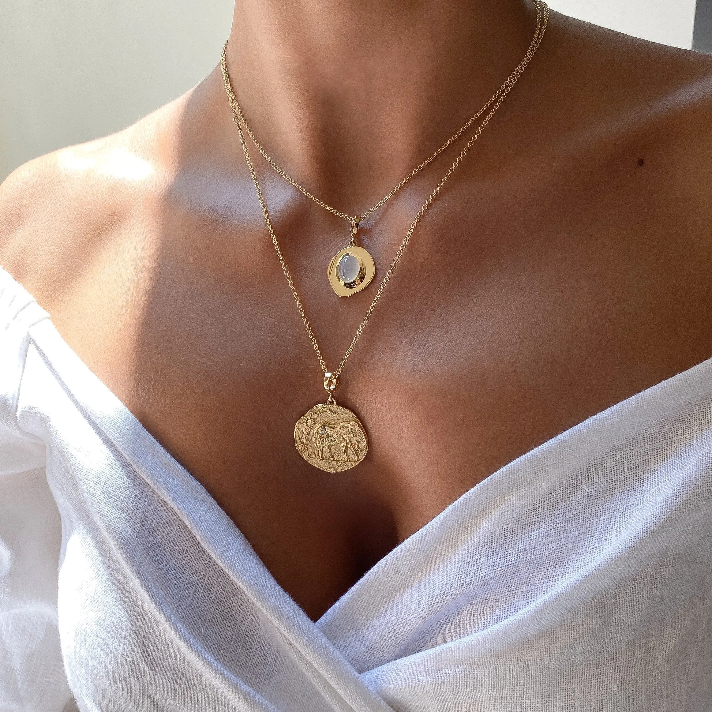 Small Byzantine Moonstone Coin Charm Necklace