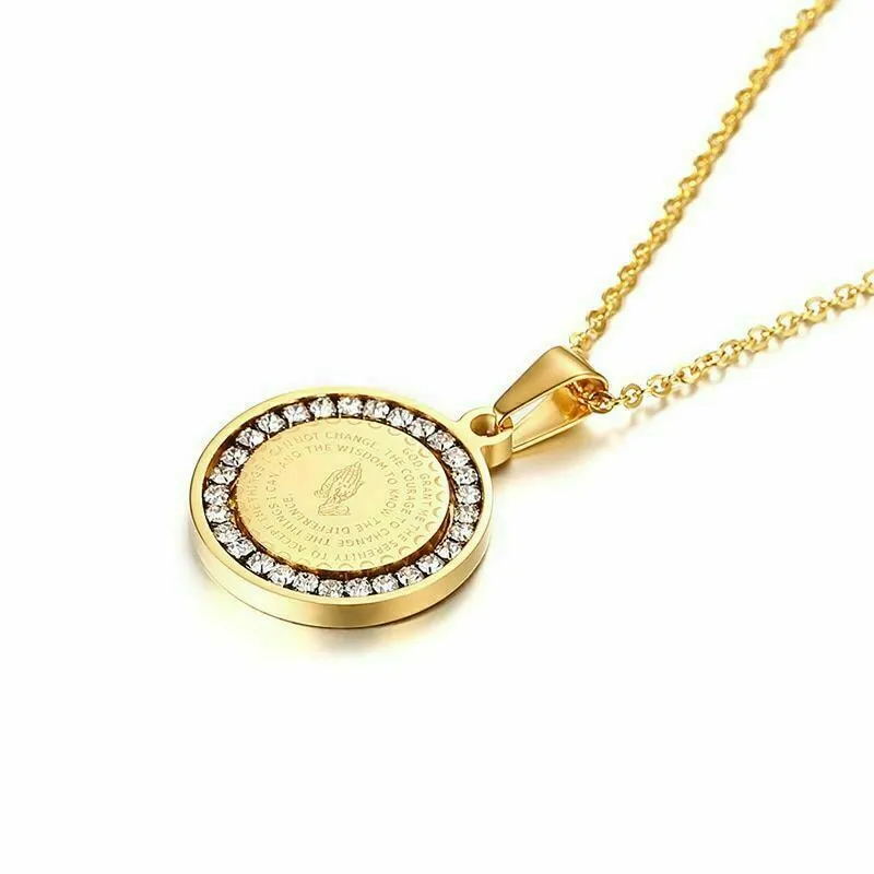 Small Reversible Lord's Prayer Round CZ Medallion Pendant Necklace