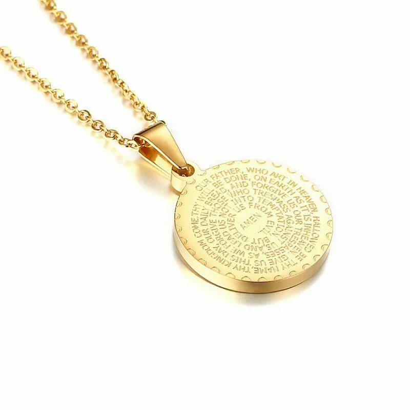 Small Reversible Lord's Prayer Round CZ Medallion Pendant Necklace