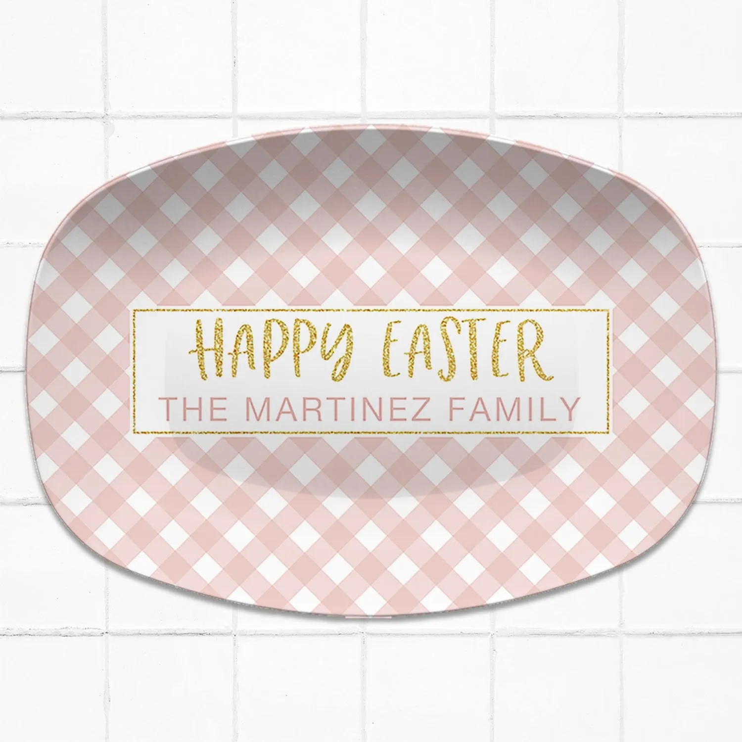 Spring Gingham Personalized Platter | Mint - Navy - Pink - Yellow