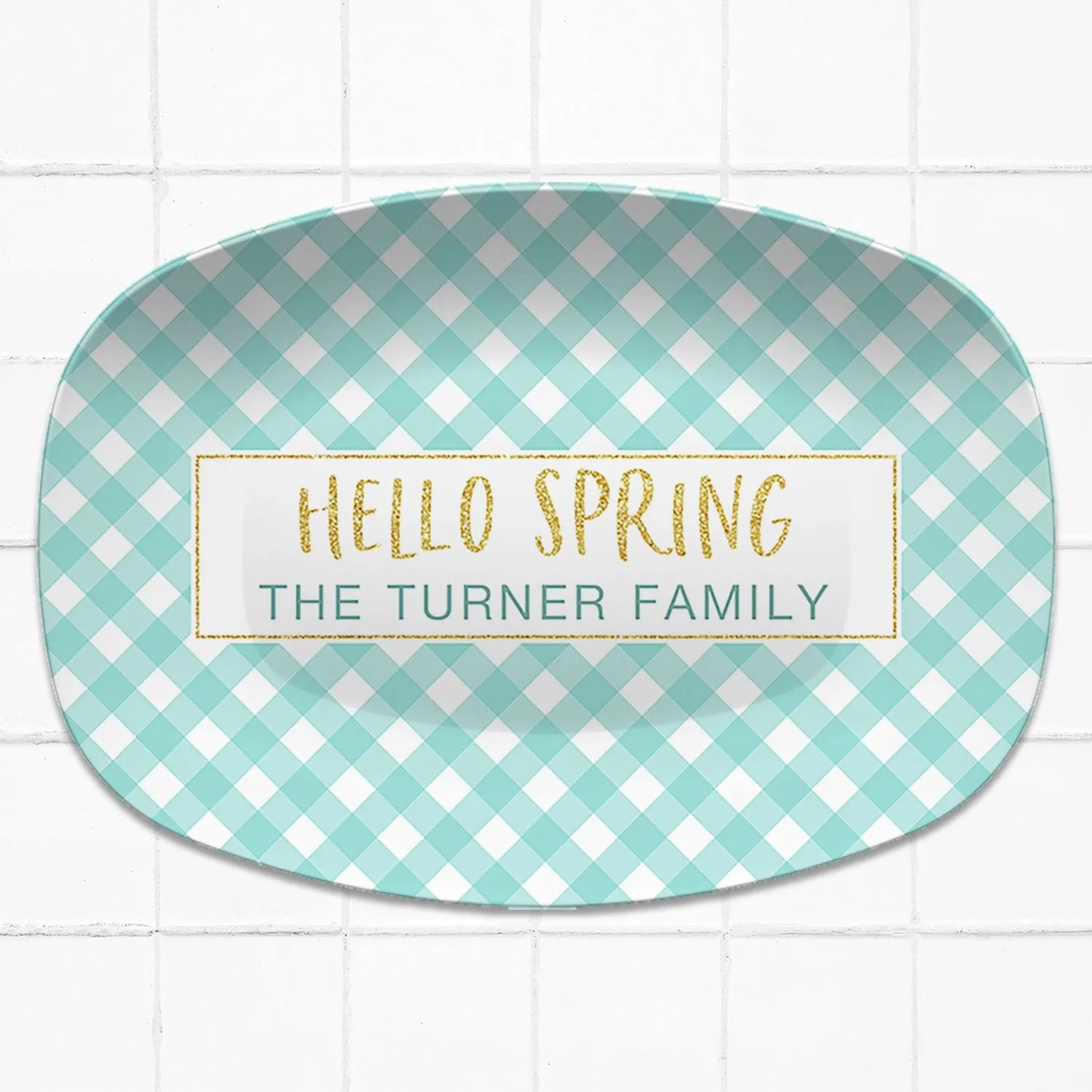 Spring Gingham Personalized Platter | Mint - Navy - Pink - Yellow