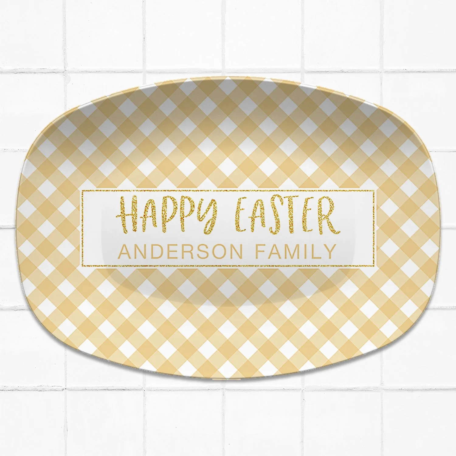 Spring Gingham Personalized Platter | Mint - Navy - Pink - Yellow